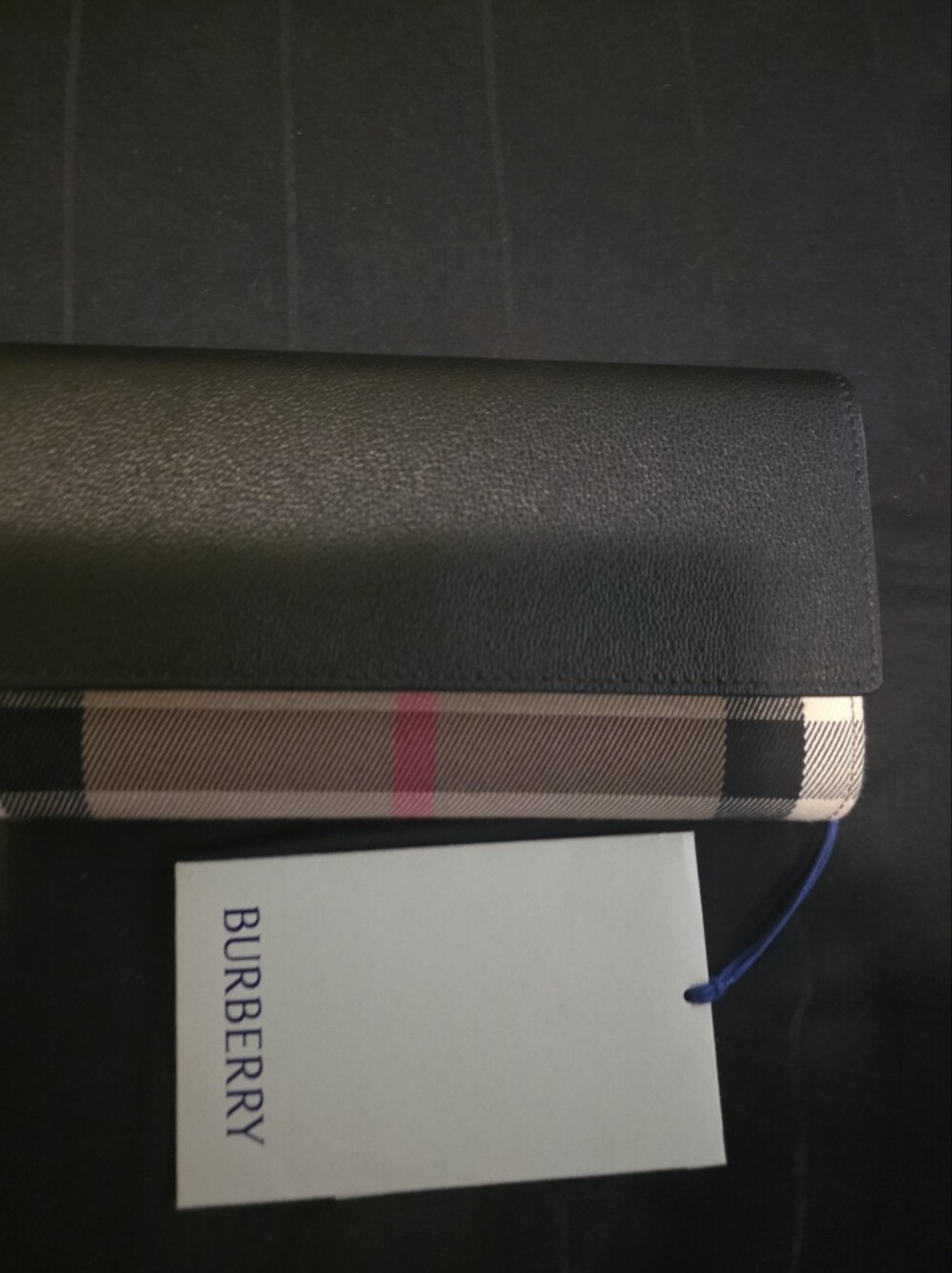 NWT- Women's Burberry Black Leather & Beige Check Wallet with Red Accentn